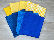Load image into Gallery viewer, 8 piece FAT QUARTER Bundle, Mix of Blue and Yellow Fabrics
