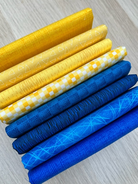 8 piece FAT QUARTER Bundle, Mix of Blue and Yellow Fabrics